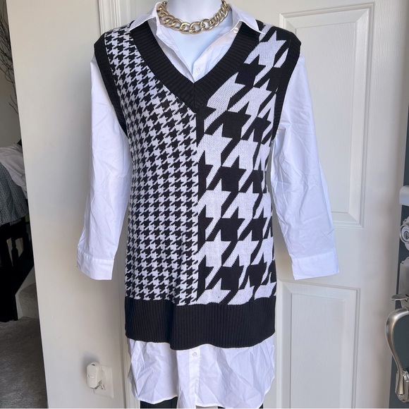 Fashion to Figure Sweaters - Fashion to Figure Black and White Houndstooth Sweater Vest with blouse